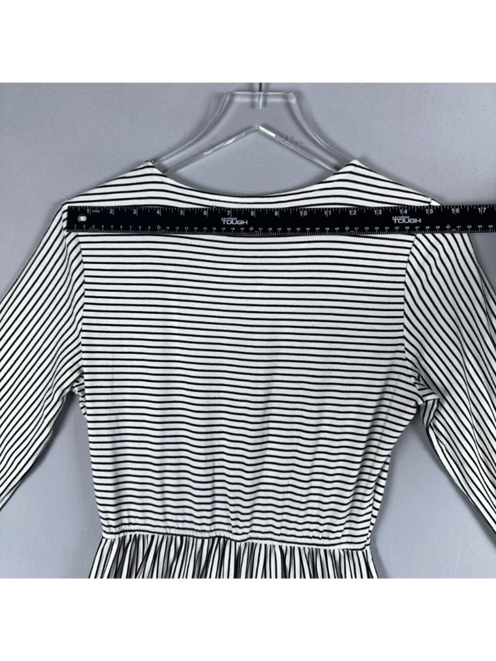 Merokeety Dress Size Small Black White Striped Midi 3/4 Sleeves Chest Pocket - Picture 9 of 12